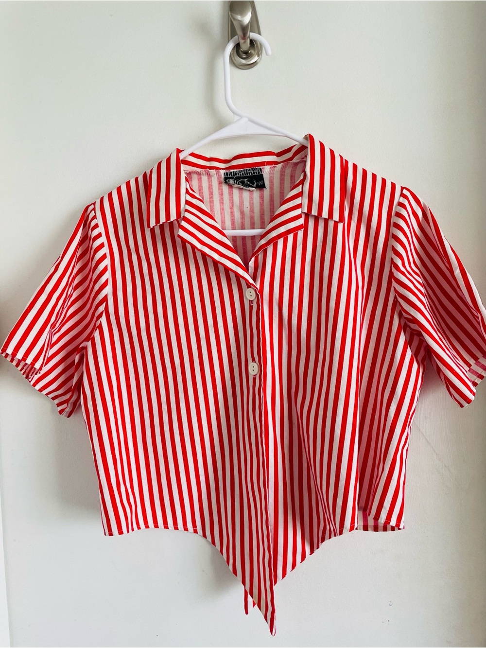 Red & White Striped Pointed Hem Button-Up Blouse